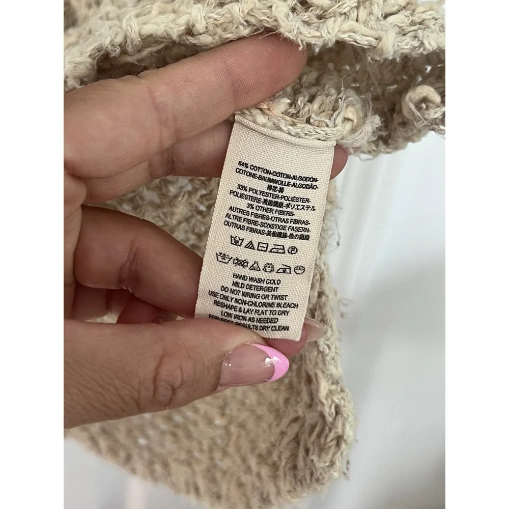 Free People Boho Open Knit Sweater Beige V Neck Beachy Crochet Coastal Top Sz XS